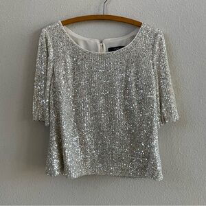 NWT New Alex Evenings Silver Beige Short Sleeve Sequin Occasion Formal Top Large